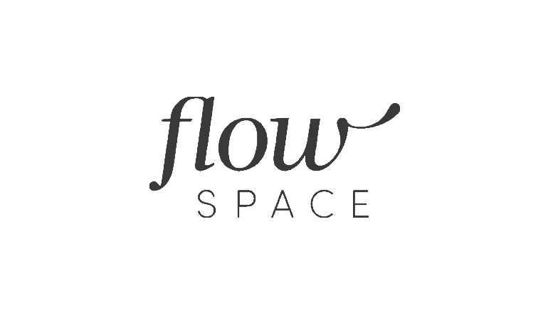 The image shows the "flow space" logo with "flow" in a cursive font and "SPACE" in uppercase sans-serif letters on a light gray background.
