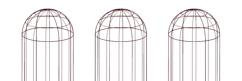 Three wireframe dome structures are shown side by side, each with a cylindrical base and hemispherical top, illustrated with thin brown lines on a white background.