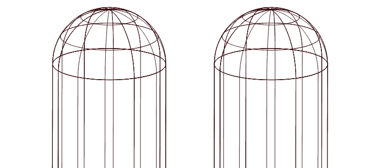 Two wireframe dome structures with vertical lines, shown side by side against a plain background.